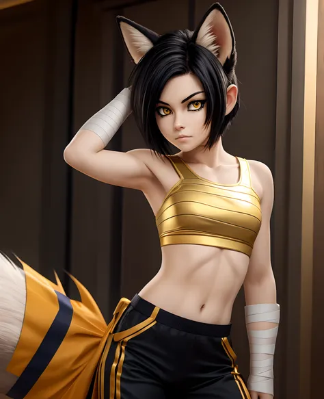 1girl, bandages, midriff, gold eyes, pale skin, super saiyan, black hair, head tilt, wide-eyed, fox ears, fox tail