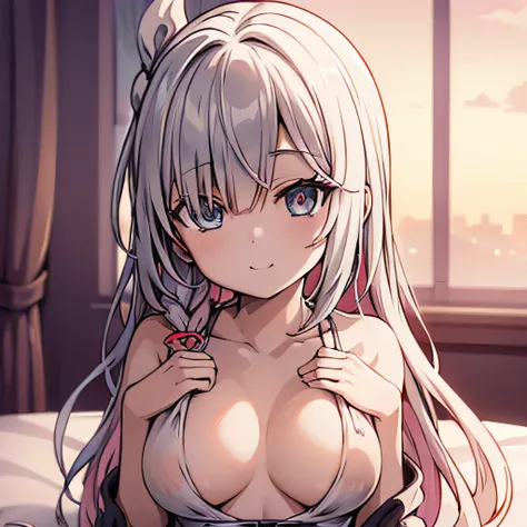 ((masutepiece)), ((Best Quality)), (Ultra-detailed), Anime style, Luxury bed, Cute little girl s, 1girl in, Solo,((Beautiful eyes)), large full breasts, Smile