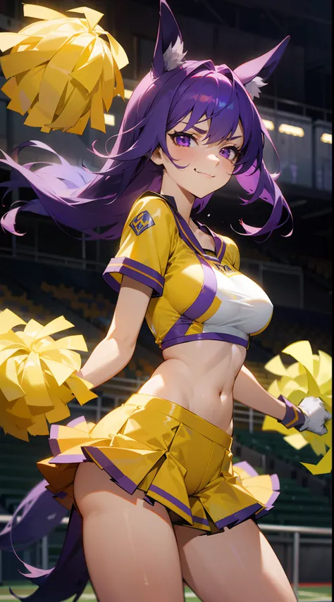 1girl,solo,mature female,medium breasts,yellow cheerleader outfit,purple hair,long hair,horse ears,horse tail,purple eyes,bare belly,angry face,smile,standing in a school stadium,holding yellow pompons,cowboy shot