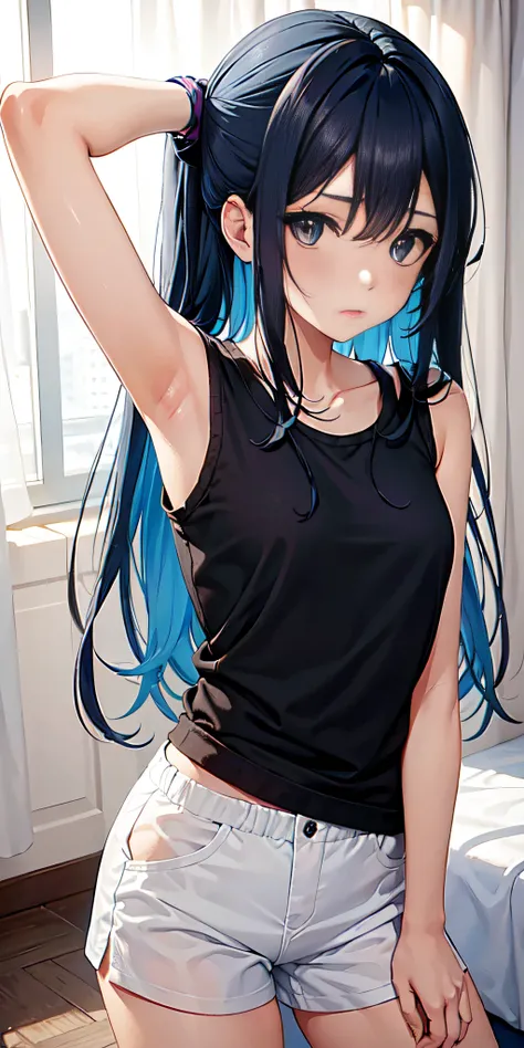 Chica con cabello azul claro atado acostada en su cama y sus brazos apoyados en su camiseta negra transparente sin mangas tiene los ojos cerrados, pantaletas sexys del mismo color que su camiseta