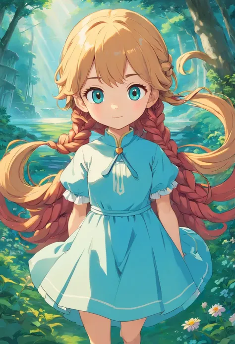 uma menina chibi, cabelos longos, plaits, usando um vestido fofo azul, {{olhos amarelos e cabelos vermelhos}}, no estilo de paisagens de jardim tranquilas, animated color photos, Masami Teraoka, aquamarine, Paulo Gauguin, Estilo Embry, retrato honesto