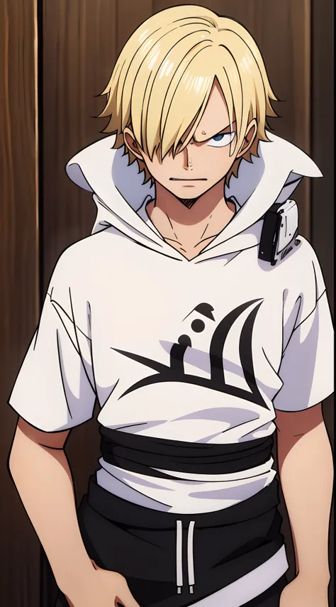 a young teen guy, blond hairs, evil expression, wearing white bandit clothes