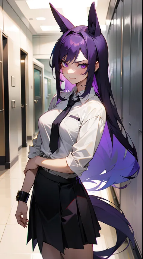 1girl,solo,mature female,medium breasts,white shirt,black tie,black skirt,purple hair,long hair,horse ears,horse tail,purple eyes,bare belly,angry face,smile,standing in a school hallway,cowboy shot