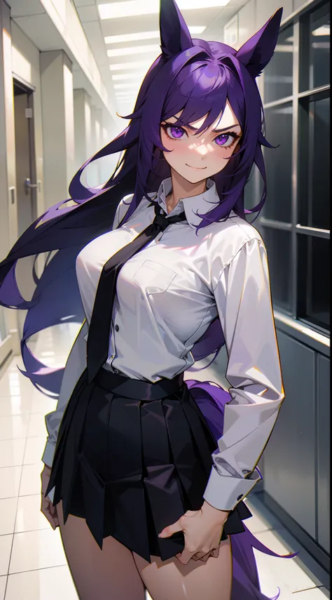 1girl,solo,mature female,medium breasts,white shirt,black tie,black skirt,purple hair,long hair,horse ears,horse tail,purple eyes,bare belly,angry face,smile,standing in a school hallway,cowboy shot