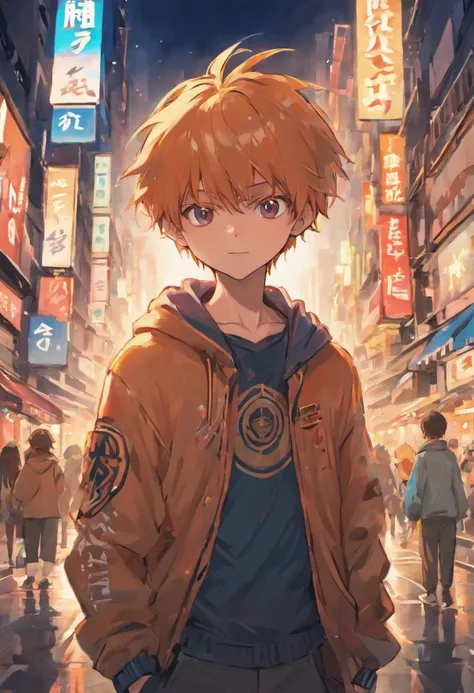 A boy, transformed into an anime style, with exaggerated unique facial features and clothing, standing on a bustling city street, backlit background highlighting the subject, high-contrast colors, 4K high-definition quality，young, smiling, handsome