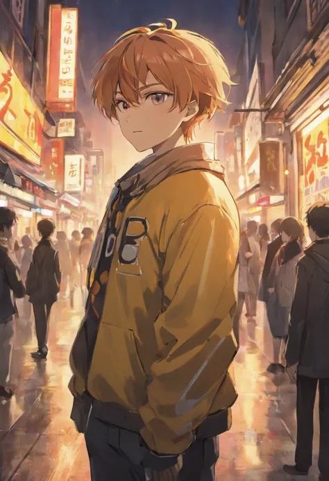 A boy, transformed into an anime style, with exaggerated unique facial features and clothing, standing on a bustling city street, backlit background highlighting the subject, high-contrast colors, 4K high-definition quality，young, smiling, handsome