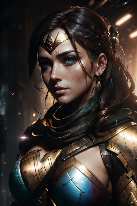 Realistic beauty astonish Wonder Woman (((Ismail Inceoglu aesthetic style))) in sci-fi highly detailed golden & black armor, surrounded by roses, (beautiful detailed eyes, symmetrical eyes, (detailed face), dramatic lighting, (photorealism, photorealistic:...