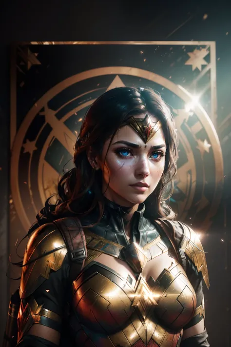 Realistic beauty astonish Wonder Woman (((Ismail Inceoglu aesthetic style))) in sci-fi highly detailed golden & black armor, surrounded by roses, (beautiful detailed eyes, symmetrical eyes, (detailed face), dramatic lighting, (photorealism, photorealistic:...