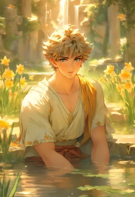 the best quality, very high resolution, detailed 4K CG, master piece, Narcissus, handsome young man, Roman clothes, forest, stream, pond, Roman mythology, beautiful aesthetics, Beautiful image, Beautiful ancient ruins in the back,