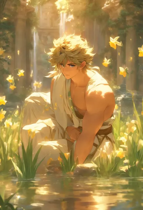 the best quality, very high resolution, detailed 4K CG, master piece, Narcissus, handsome young man, Roman clothes, forest, stream, pond, Roman mythology, beautiful aesthetics, Beautiful image, Beautiful ancient ruins in the back,