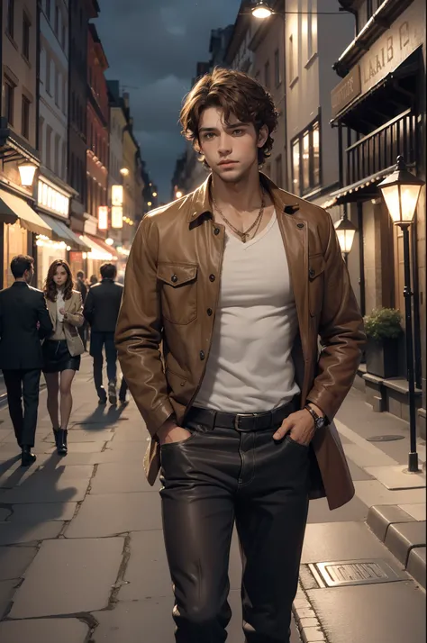 Handsome and a little muscular tall polish boy with light brown medium curly hair with fringe and trimmed sides. In stylish clothes. Walking alone in the middle of town during night