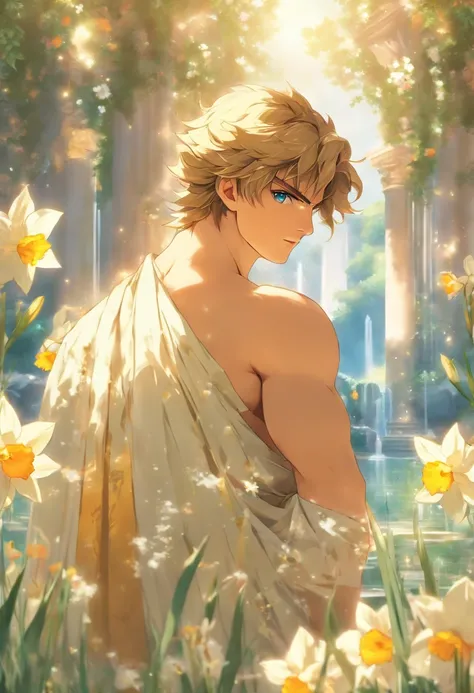 the best quality, very high resolution, detailed 4K CG, master piece, Narcissus, handsome young man, Roman clothes, forest, trees, flowers, blue sky, Roman mythology, beautiful aesthetics, Beautiful image, Beautiful ancient ruins in the back,