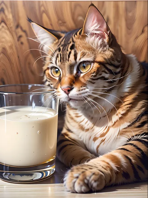 There is a cat sitting next to a glass of milk, cat drinking milk, illustration of 1 cat, ultra-realistic illustration, ultra-realistic illustration, hyper-realistic illustration, a cat. realistic painting, by Wayne England, realistic illustration, hyper r...