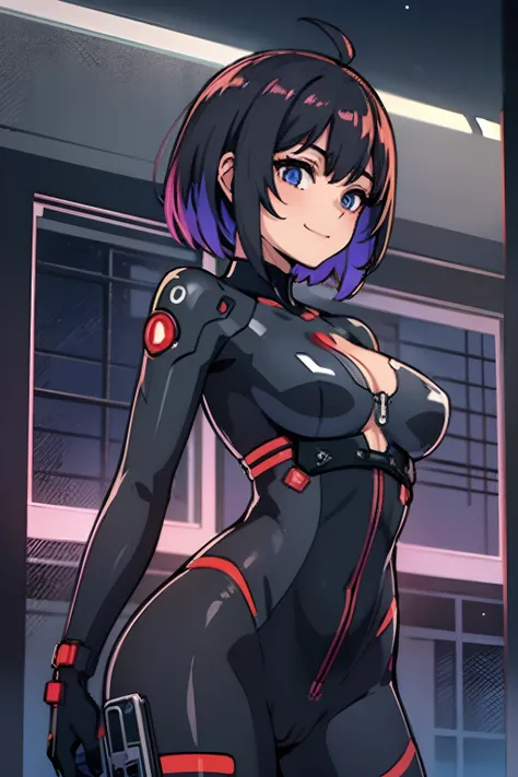 nsfw, upper body, (solo) (1girl, medium breasts), (beautifully drawn face:1.2) (plugsuit:1.3) stern smile, dynamic pose, BREAK
(standing in very dark cyberpunk night apartment:1.3)  cross health bar BREAK