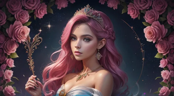 (princesa menina com asas, rosa, bolo, glitter, dramatic, sonhador, bolo, aquarela, caprichoso, delicado, tiara dourada, trendin...