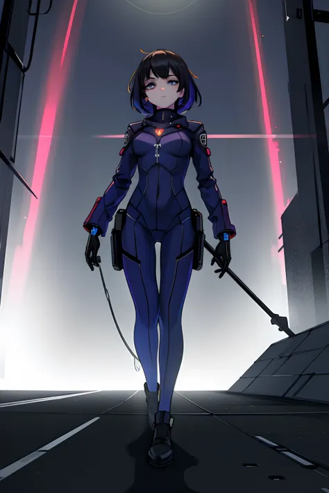 , (solo) (1girl, medium breasts), (a beautifully drawn face:1.2) (plugsuit:1.3) , break (stand in a very dark cyberpunk night ap...