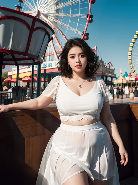 1 girl, obese body, big size, round face, double chin, overweight,Shoulder length Fluffy short curly hair ,Low V-neck white evening dress transparent lace gauze  skirt ，navel，holding her weight on her stomach and looking at the camera，Amusement Park, Ferri...