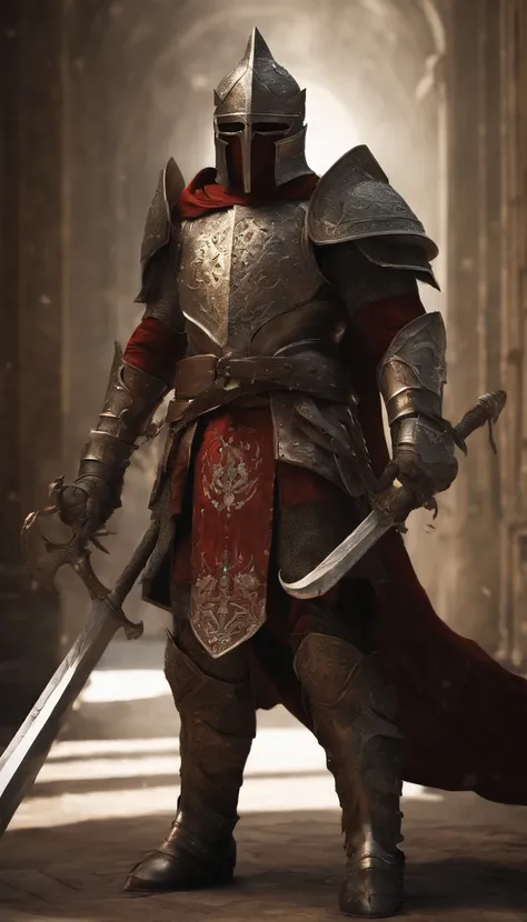 (Best quality,4K,8K,A high resolution,Masterpiece:1.2),Ultra-detailed,(Realistic,Photorealistic,photo-realistic:1.37),A sword-wielding demon armor warrior stood in the hall, Full body portrait of the mysterious knight, Wearing heavy armor，A sacred warrior ...