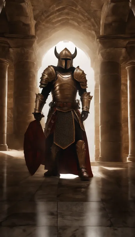 (Best quality,4K,8K,A high resolution,Masterpiece:1.2),Ultra-detailed,(Realistic,Photorealistic,photo-realistic:1.37),A sword-wielding demon armor warrior stood in the hall, Full body portrait of the mysterious knight, Wearing heavy armor，A sacred warrior ...