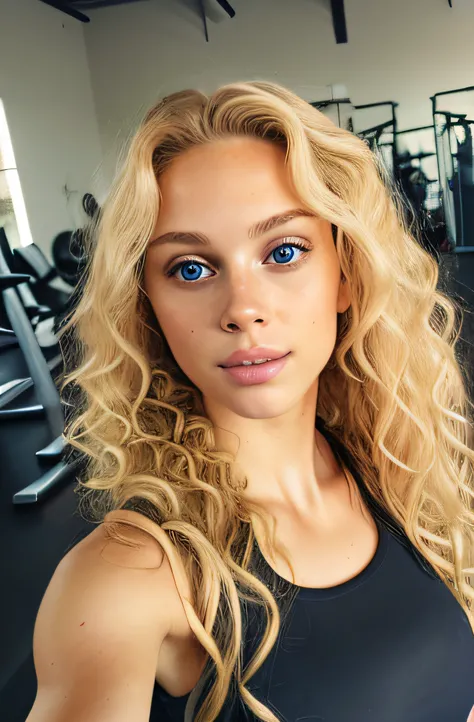 selfie of a beautiful blond girl, curly blonde long  hair, curly, long hair, young, blonde, beautiful, at a gym