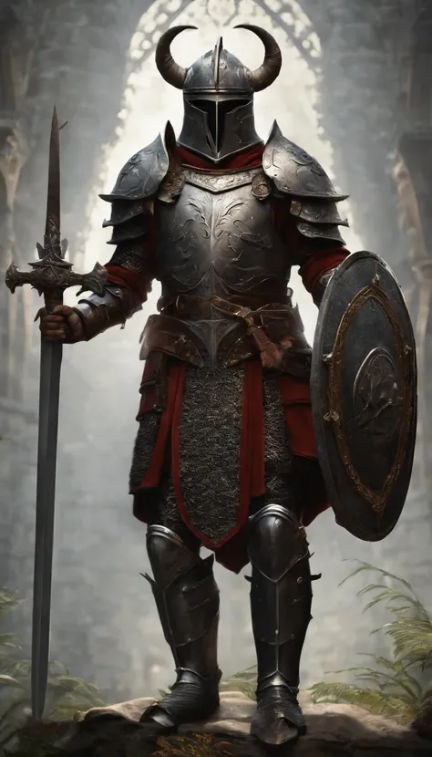 (Best quality,4K,8K,A high resolution,Masterpiece:1.2),Ultra-detailed,(Realistic,Photorealistic,photo-realistic:1.37),A sword-wielding demon armor warrior stood in the hall, Full body portrait of the mysterious knight, Wearing heavy armor，A sacred warrior ...