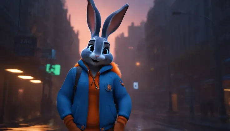 (((Blue Bunny Lofi))) solo (((rabbit Judy Hopps) blue body, blue fur )), 2D comic style image, (wear hip hop outfit, orange jacket, pants, belt:1.3), ((detailed fluffy fur)), (looking at viewer, three-quarter portrait, three-quarter view), saying hello BRE...