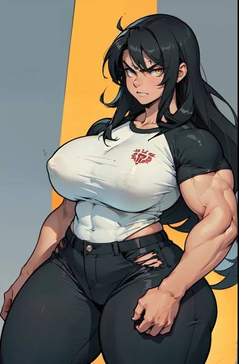 (((((muscular 1 girl))))) (thick thighs huge breasts wide hips curvy toned body) (angry) yellow eyes black hair very long hair pale skin solo tight shirt tight pants, mound