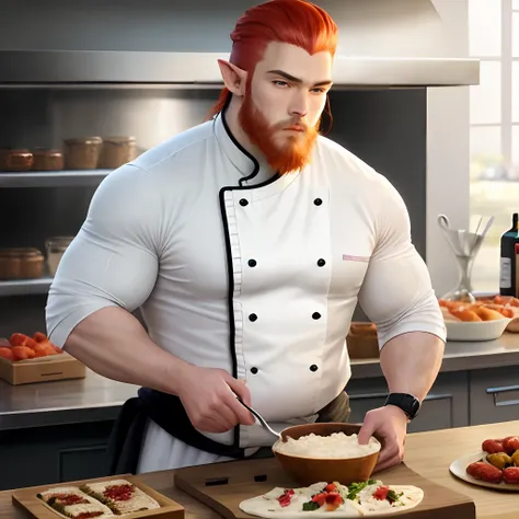 hi res, ultra sharp, anime, red haired, male, half dwarf, half elf, chef, muscular with beard