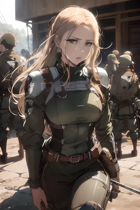 shingeki no kyojin, soldiers, brown-green uniform, full body, long hair waving in wind, round breasts, long legs, metal carved t...