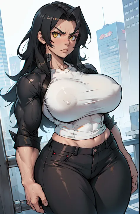 (((((muscular 1 girl))))) (thick thighs huge breasts wide hips curvy toned body) (angry) yellow eyes black hair very long hair pale skin solo tight shirt tight pants, mound