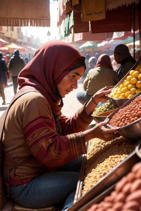 A candid shot of a crowded marketplace in Marrakesh, Morocco, capturing the colors, textures, and atmosphere of the place, with a shallow depth of field focusing on a street vendor.