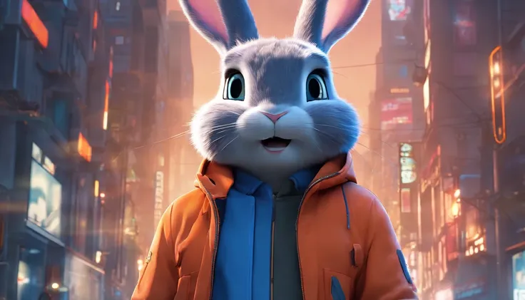 (((Blue Bunny Lofi))) solo (((rabbit Judy Hopps) blue body, blue fur )), 2D comic style image, (wear hip hop outfit, orange jacket, pants, belt:1.3), ((detailed fluffy fur)), (looking at viewer, three-quarter portrait, three-quarter view), saying hello BRE...