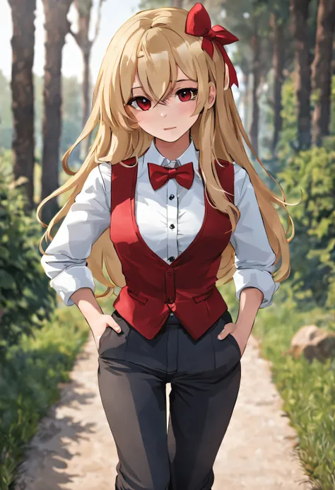 blonde girl with long hair, brown eyes, wearing white dress shirt, red bow tie, black pants and gray vest