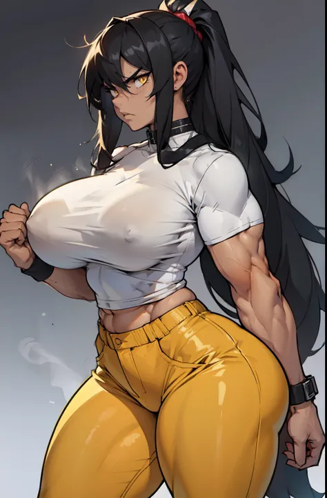 (((((muscular 1 girl))))) (thick thighs huge breasts wide hips curvy toned body) (angry) yellow eyes black hair very long hair pale skin solo tight shirt tight pants, mound