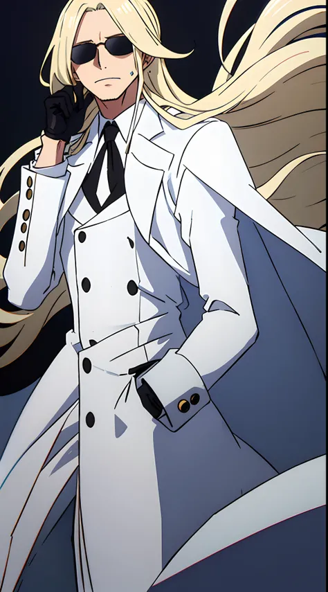 one man, long blond hairs, wearing a white overcoat, black gloves, black shades