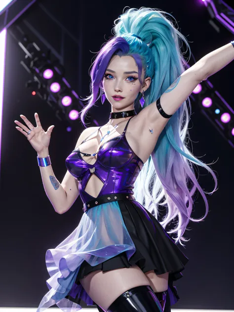 masterpiece, best quality, highres, seraphine1, 1girl, solo, blue hair, k/da (league of legends), very long hair, multicolored hair, jewelry, ponytail, blue eyes, earrings, dress, black choker, two-tone hair, purple hair, black thighhighs, bracelet, black ...