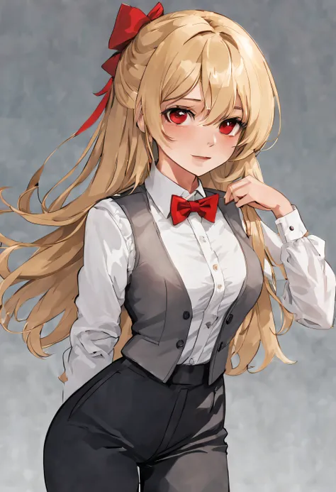 blonde girl with long hair, brown eyes, wearing white dress shirt, red bow tie, black pants and gray vest