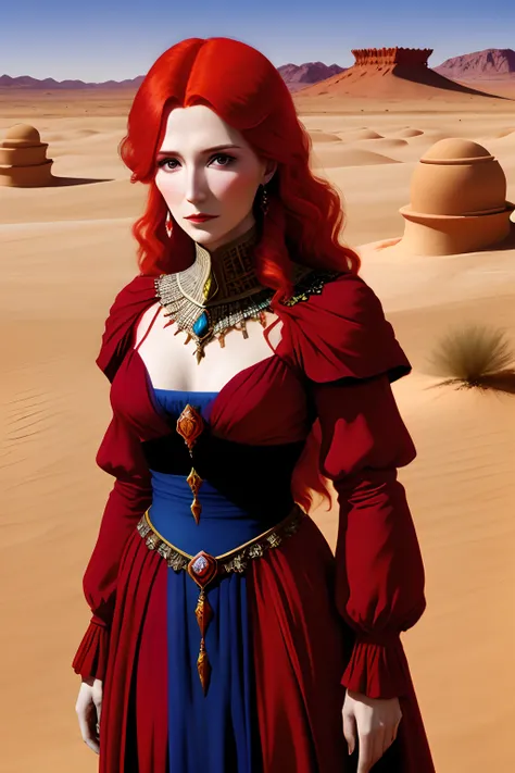 Modest desert queen, red hair, shadow sorceress