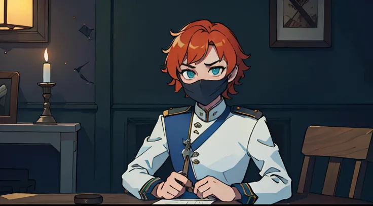 one man only, short curly orange hair, beautiful emerald green eyes, white and blue soldier’s uniform, sitting on wooden chair backwards, casual, insane expression, malicious eyes, mouth covered by black mask, formal white and blue soldier’s uniform, holdi...