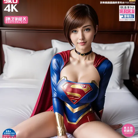 (Best Quality,4K,8K,hight resolution,masutepiece:1.2),Ultra-detailed,Realistic:1.37,Super masterpiece,Short-haired Supergirl sitting on bed、large full breasts、Looking at the camera、Glossy costume、a choker、bare-legged、Weekly magazine cover、Cheerful pose