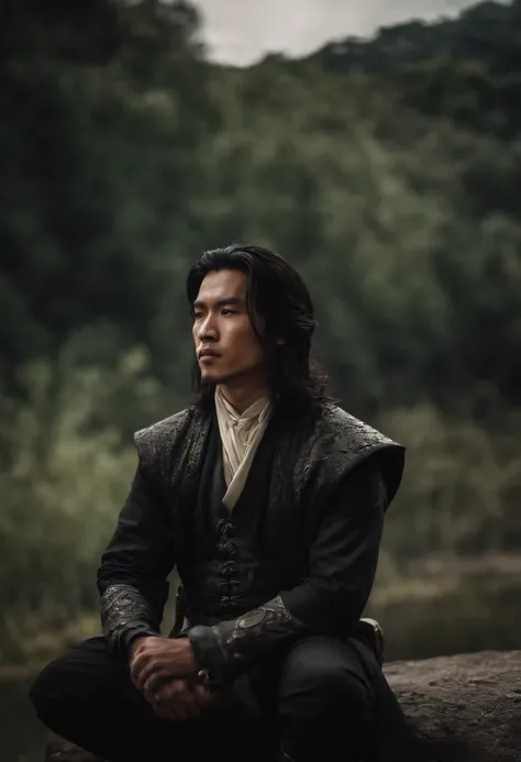 Asian male assassin long hair shadow magic