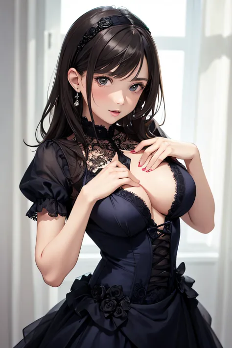 a girl in a party dress showing her clutching one of her breasts, ((detailed )), medium sized breasts, flirtatious, ((very detailed)), perfectly detailed face, detailed hand, photorealistic image.