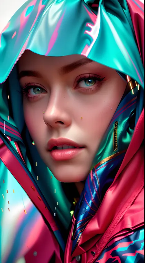 um close up de uma mulher vestindo uma jaqueta vermelha e azul, arte digital 4k realista, arte digital 4k realista, bela arte di...