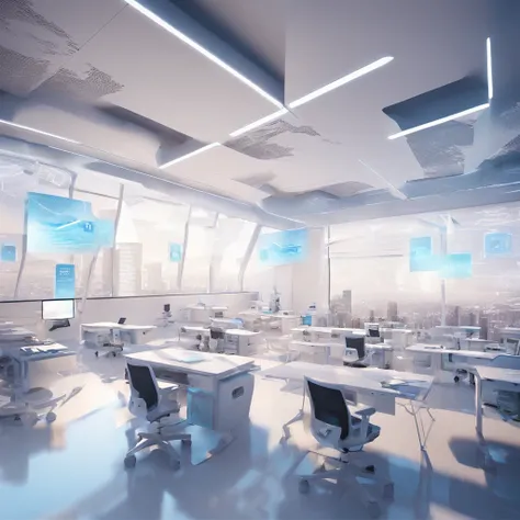 Depict a bright classroom，Full of technology atmosphere。Students in the classroom are learning data analytics，They can explore a variety of scenarios and knowledge in an immersive way。Show the technology and innovation of modern education, has a white them...