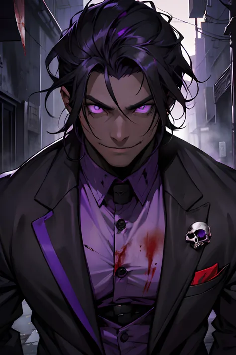 black young man, meesy hair, purple clothes, purple shining eyes, sadistic face, blood, creepy smile, lindo, black hair, dark atmosphere,BLOOD, BLOOD, SO MUCH BLOOD, purple suit, river blood, skulls, creepy, black hair, negro, strong