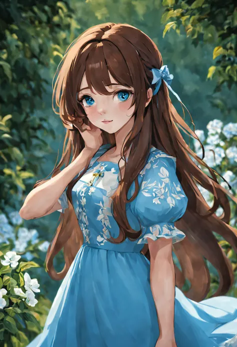 brown haired woman with long hair, blue eyes, wearing blue and white dress