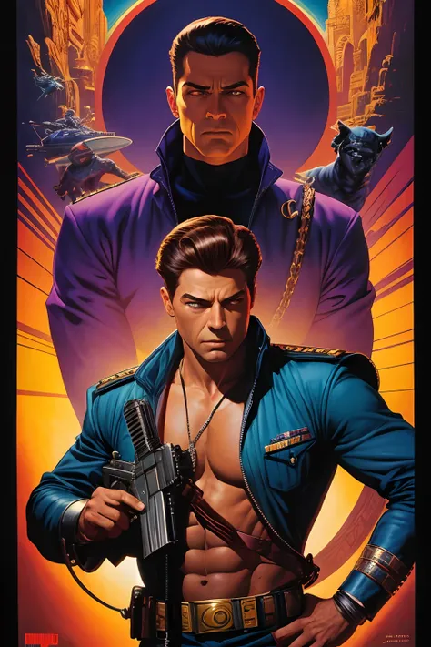 uma pintura de um homem de roxo com uma arma e um cachorro, inspirado em Joe Jusko, ( ( Barclay Shaw ) ), Directed by: Barclay Shaw, Directed by: Joe Jusko, inspirado por Earl Norem, Directed by: Earl Norem, inspirado em Jim Steranko, Joe Unha, Directed by...