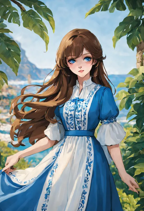 brown haired woman with long hair, blue eyes, wearing blue and white dress