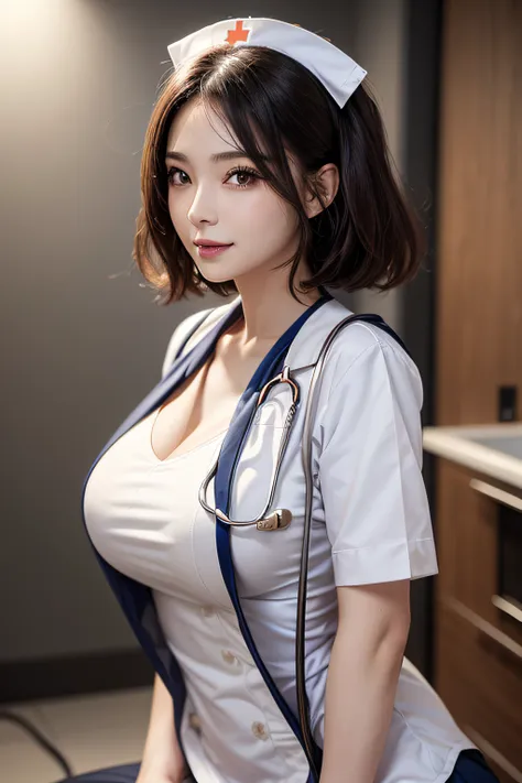 (1 ultimate beautiful mature nurse)、hyperdetailed face、detailed lips、detailed eyes、double eyelids、((brunette bob hair))、(nurse's...