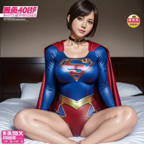 (Best Quality,4K,8K,hight resolution,masutepiece:1.2),Ultra-detailed,Realistic:1.37,Super masterpiece,Short-haired Supergirl sitting on bed、large full breasts、Looking at the camera、Glossy costume、a choker、bare-legged、Weekly magazine cover、Cheerful pose